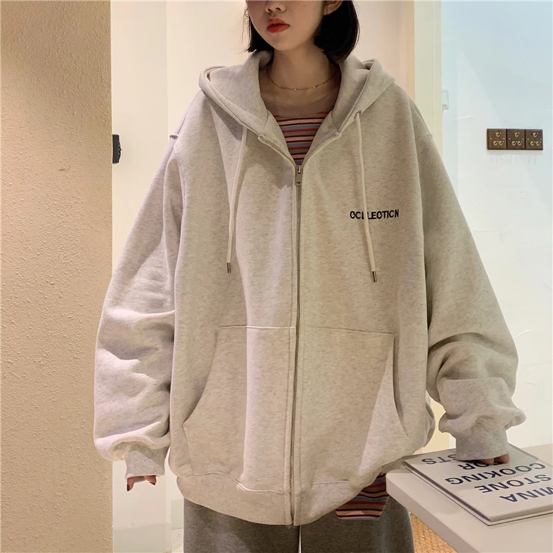 

GOOHOJIO 2020 New Zipper Hoodies Drawstring Sweatshirt Women Casual Solid Color Long Sleeve Pocket Jacket Autumn Coat for Women