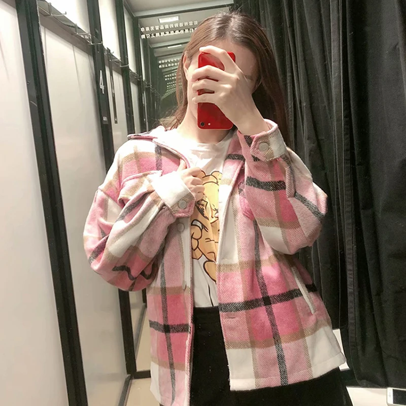 Винтажная стильная куртка с карманами оверсайз клетчатая пальто для женщин