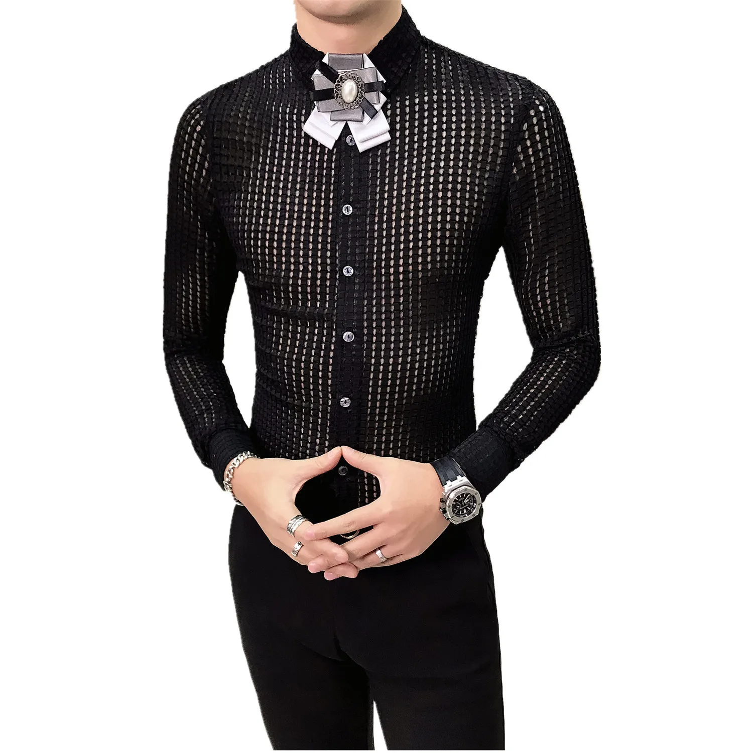 Платье рубашка Для мужчин See Through модная дизайнерская Повседневная Slim Fit с длинным