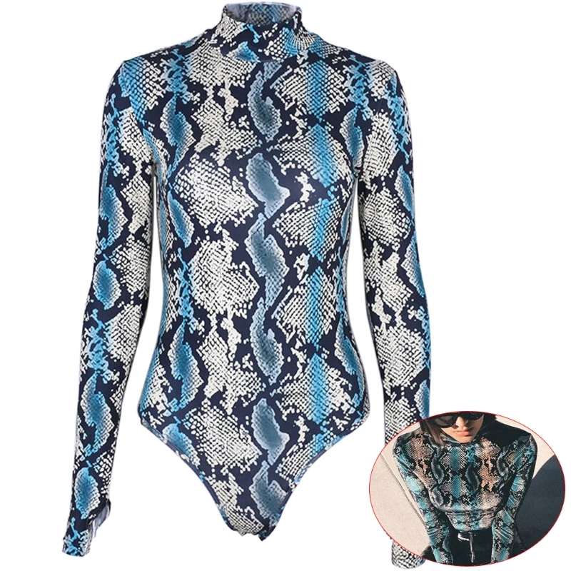 

Women Sexy Snake Skin Print High Neck Long Sleeve Bodycon Bodysuit Leotard Tops F42F