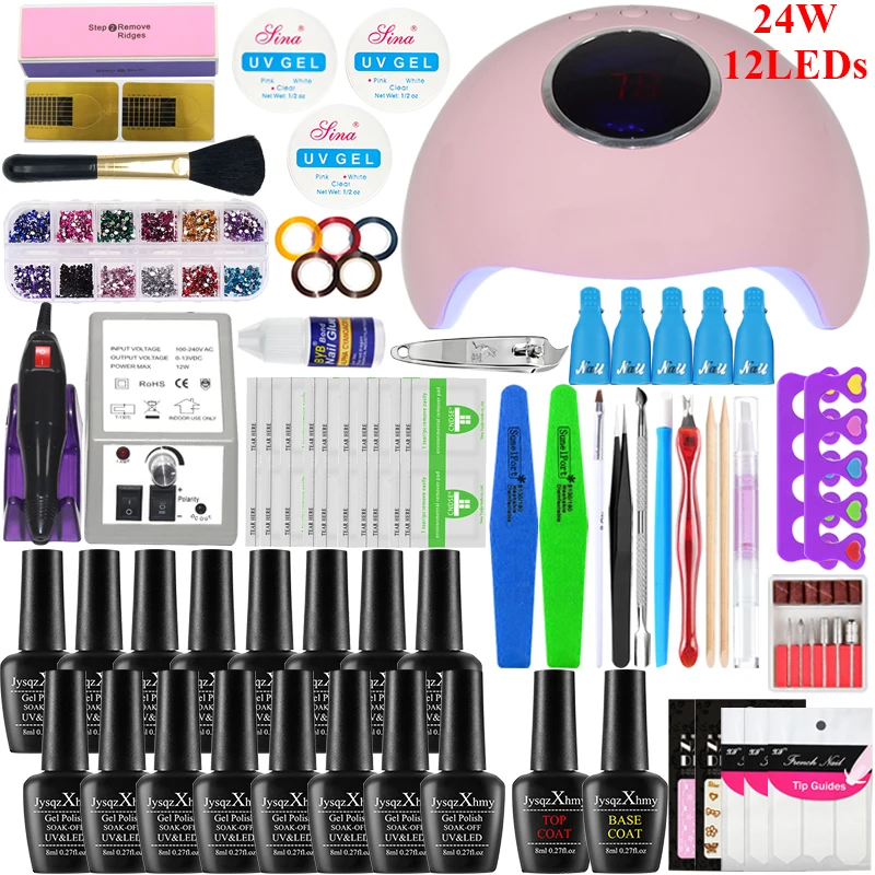 24w lamp 16 colors Набор для ногтей, ультрафиолетовая лампа для маникюра, набор для ногтей, 10/16 шт, Набор лаков для ногтей с инструментами для дизайна ногтей, набор с 20000 ОБ/мин, машинка для сверления ногтей - Цвет: 24w lamp 16 colors