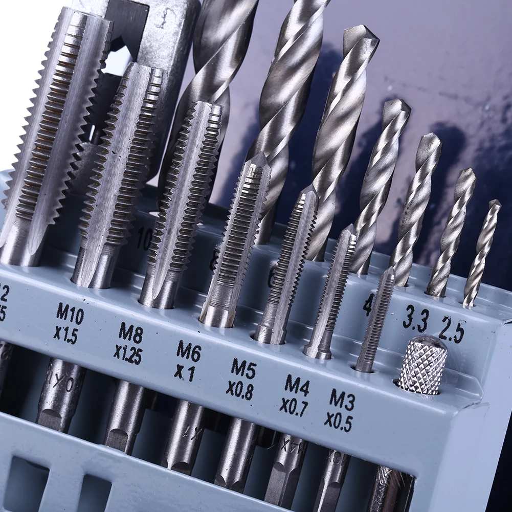 

15pcs Portable M3-M12 Drill Bits Practical Steel Tap Twist Drill Bits Combination Set Power Hand Tapping Tools Metal Box Packing