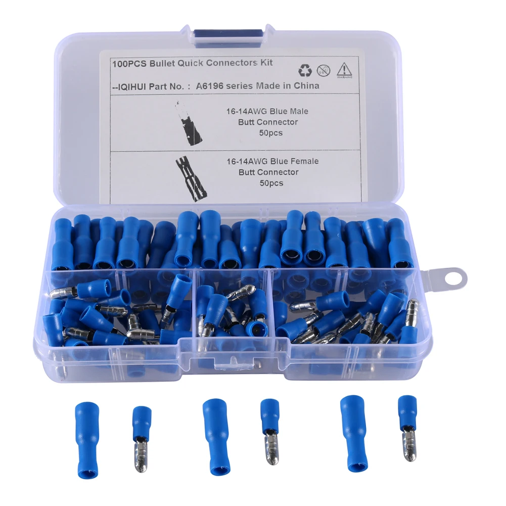 

100pcs Assorted Female Male Bullet Butt Connector Cold Pressed Insulated Crimp Wire Terminals for 22-16AWG Car Accessories