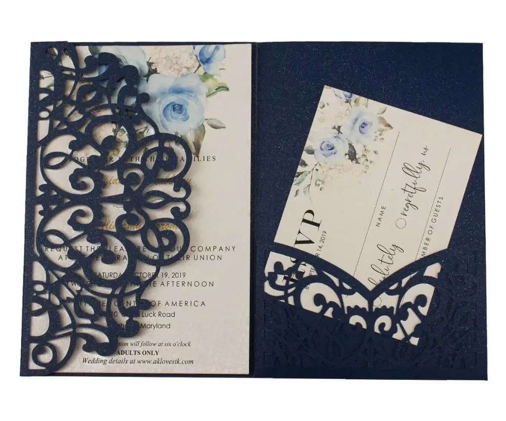 pearl dark blue 1х полый лазер для резки три сложения Тиффани темно-синий серый карман свадебные пригласительные карты пригласительный образец RSVP на заказ - Цвет: pearl dark blue
