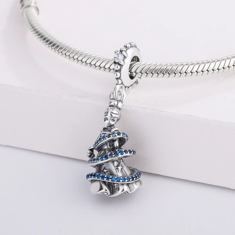 

925 Sterling Silver Beads Blue Zircon Surround In Beautiful Long Skirt Girl Pendant Charms Bracelet For DIY Jewelry Making