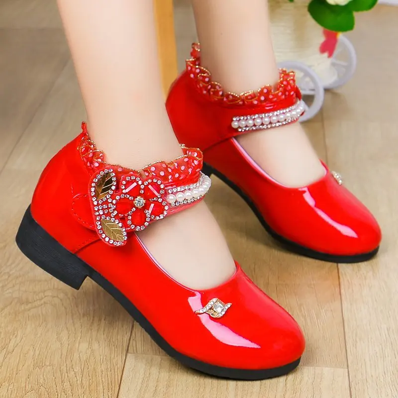 2021 New Arrival Summer Girls Princess Leather Shoes Kids High Quality Casual Shoes Dancing Child Party Comfortable Pink Red