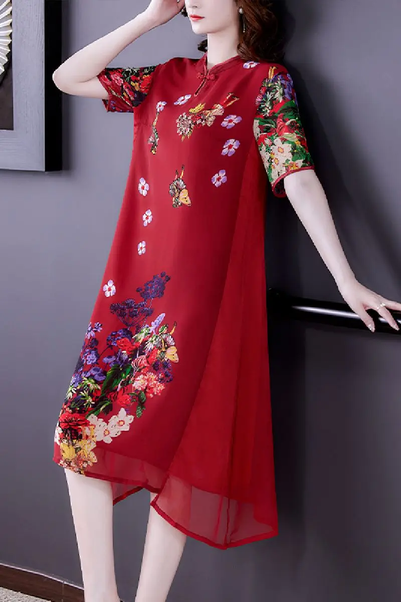

COIGARSAM 4XL Plus Size Cheongsam Loose Women dress Dresses Wine Red Black 6660