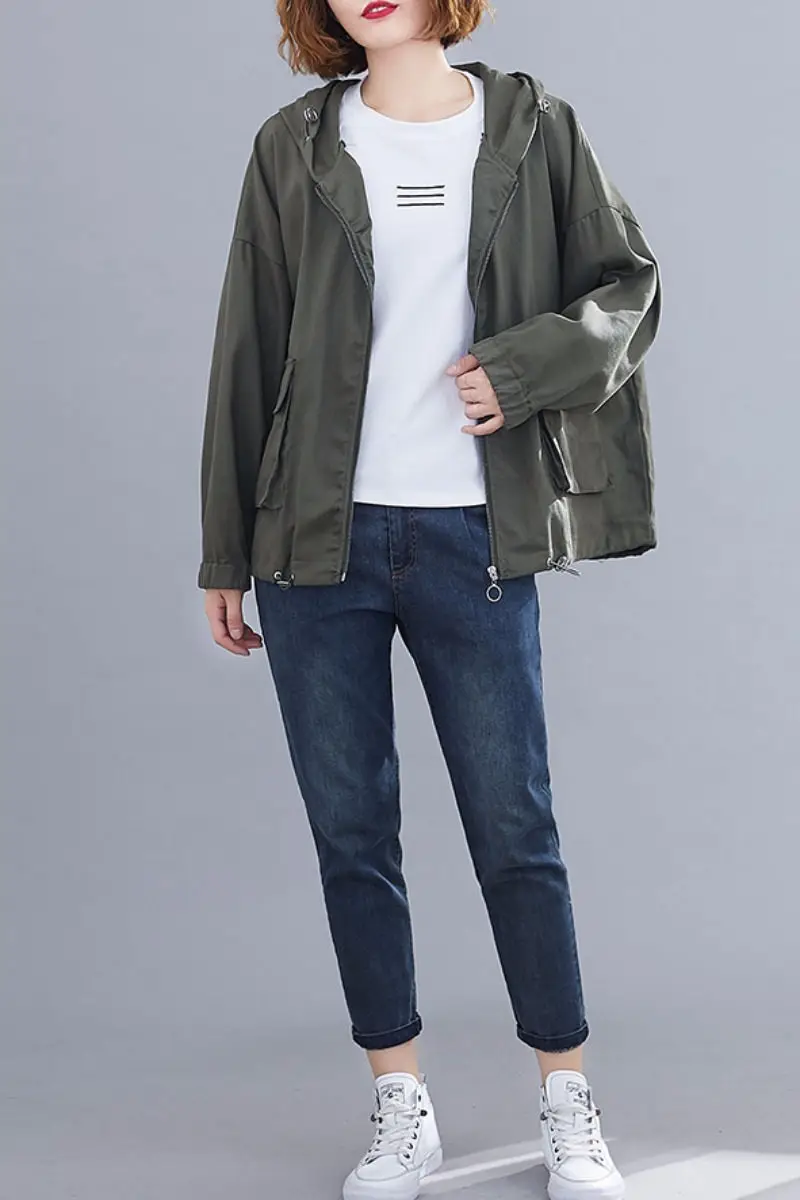 

Plus Size Women's Spring Clothing New Loose Literary Long Sleeve Hooded Windbreaker Solid Color Wild Casual Short Jacket zh274