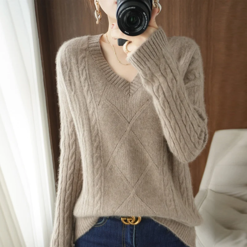 2021 Autumn And Winter Women's New Sweater Temperament Spiral V-neck Pullover 100 Wool Solid Color Iong Sleeves Or Ioose Fashion