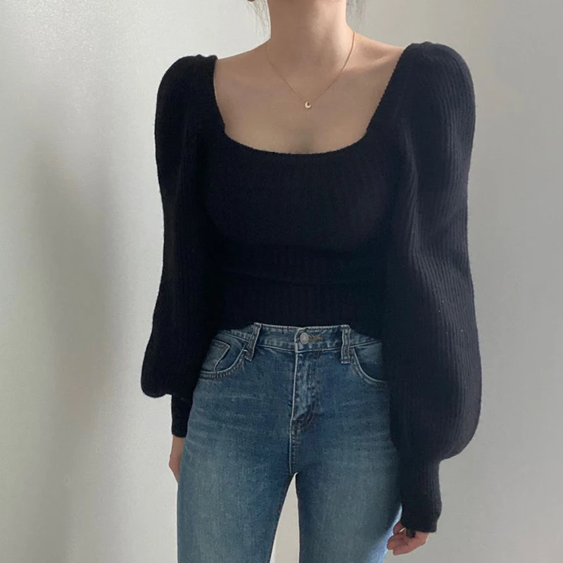 

hipster hall retro temperament square neck puff sleeve solid color knit top women's spring slimming long-sleeved sweater