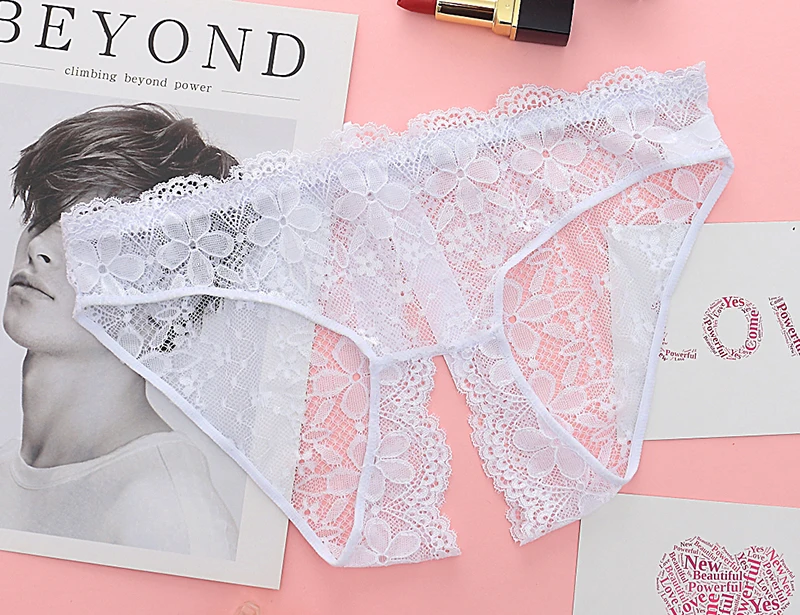 Sexy Lace Hollow Panties Tempting Women Briefs Opening Crotch Low Waist Female Underwear Transparent Sexy Cute Bow Panty