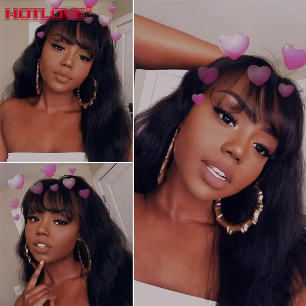 

Brazilian Body Wave Human Hair Front Wigs With Bangs Full Machine Made Bangs Wigs Remy Hair Wig Natural Color 150% 28 inches