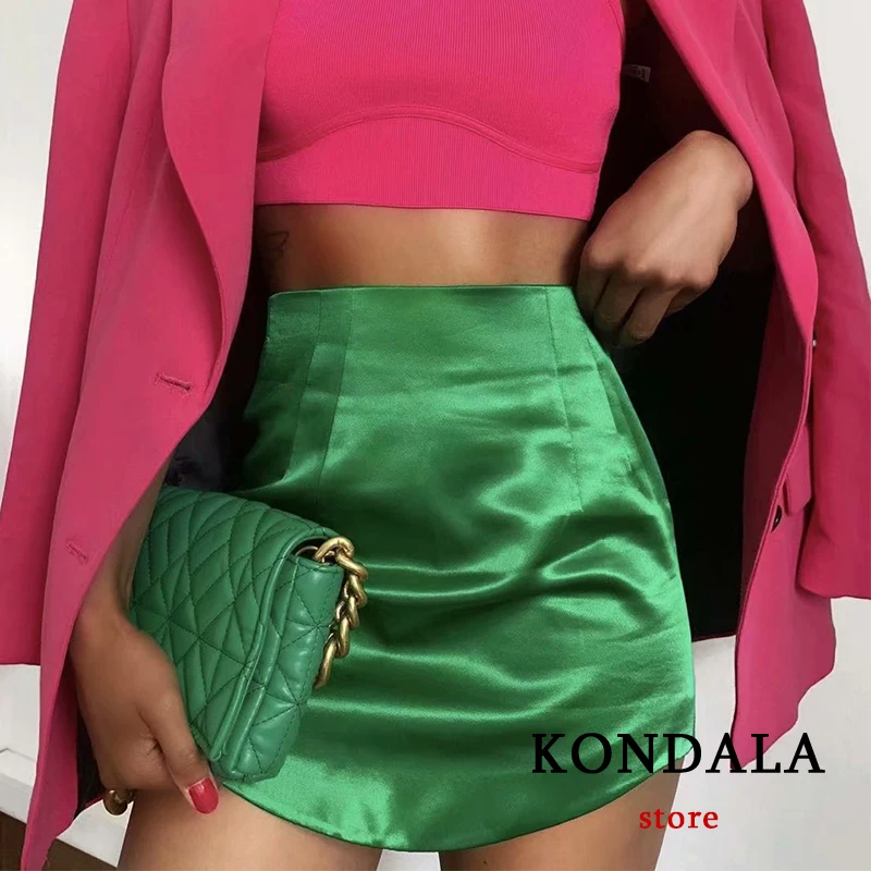 KONDALA Za 2021 шикарный зеленый Оболочка Мини юбки яркие шелковые пикантные Высокая