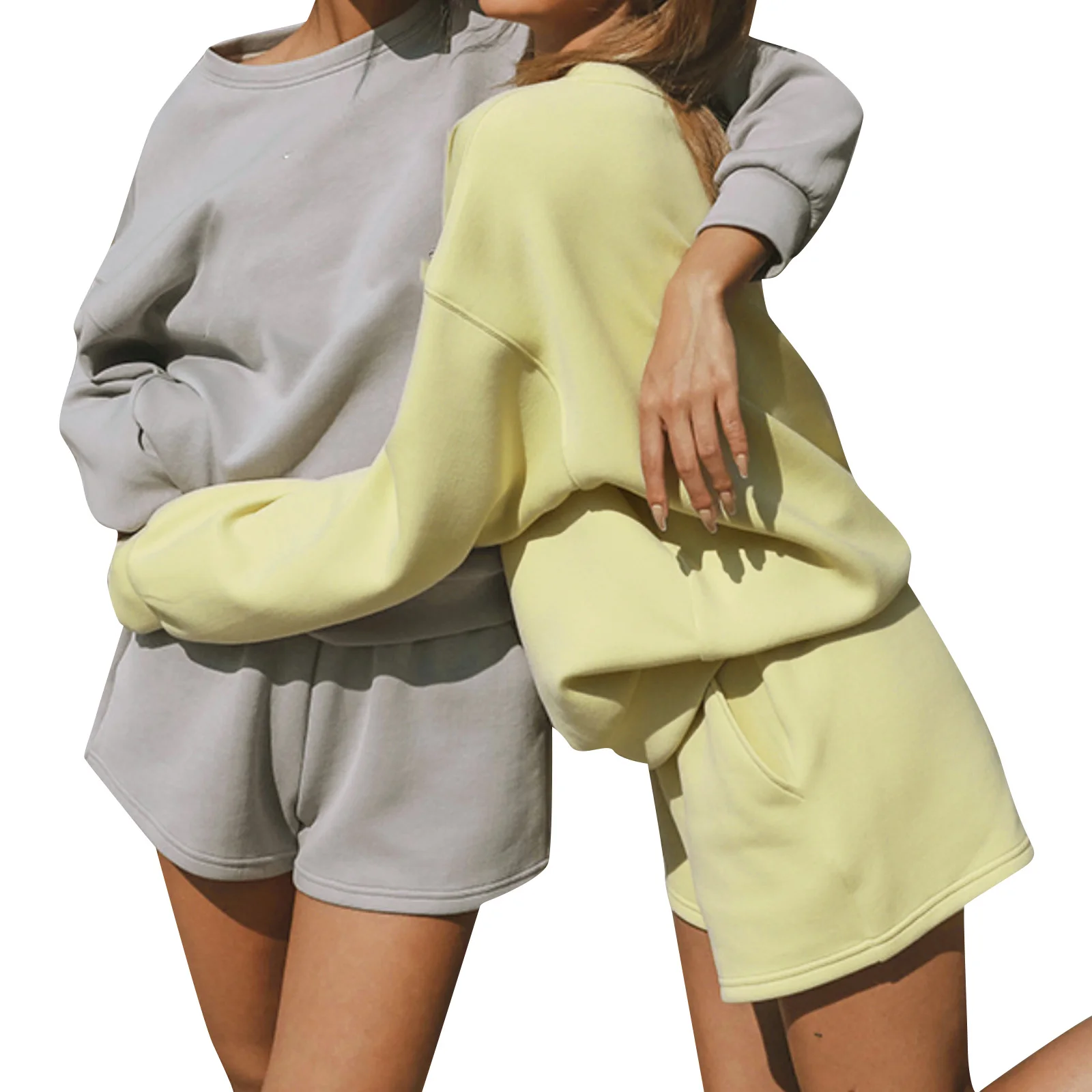 

Женский комплект из двух предметов, однотонный топ с круглым вырезом и длинным рукавом и шорты с эластичным поясом, цвета хаки/бледно-желтый...