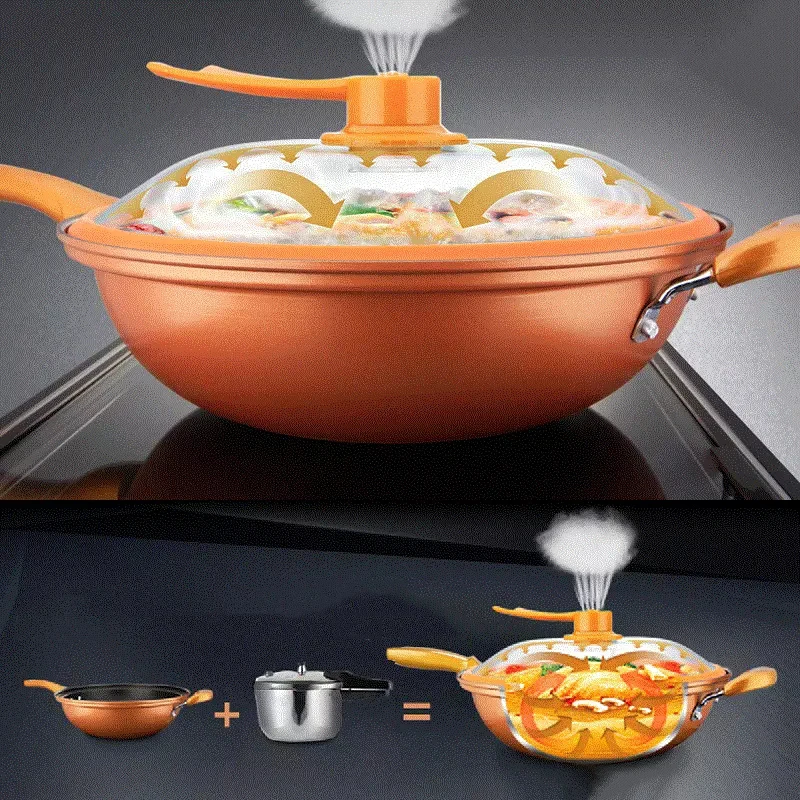

32cm Iron Pot Household Kitchen Induction Cooker Universal Pan Vacuum Wok Non Stick Pan No Oil Smoke Pot Pan with Cover
