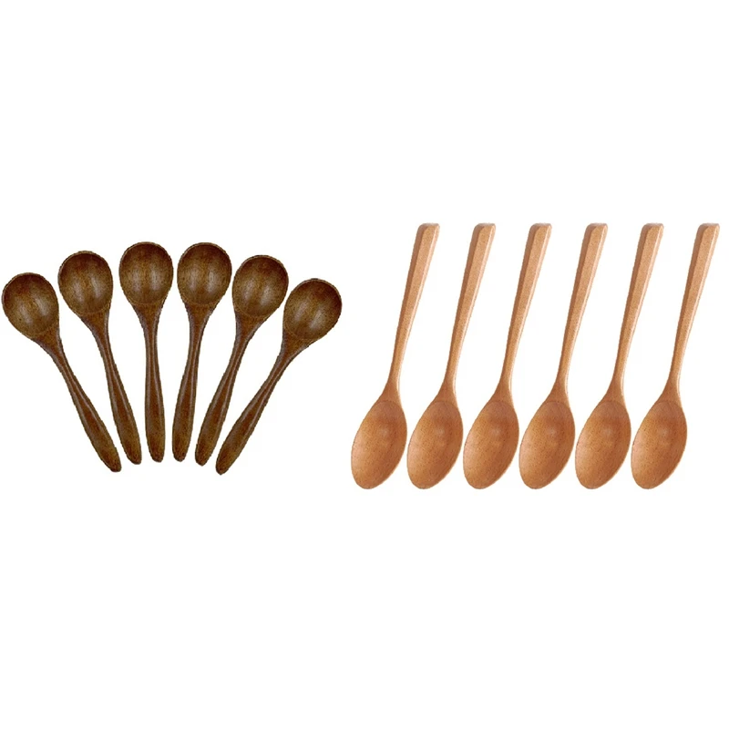

6 PCS 5.3 Inch Natural Soup Spoons Bamboo Wood Spoon & 6 Pcs Solid Wood Spoons Kitchen Tableware Dinnerware