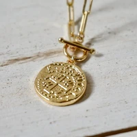 link chain toggle layering necklace greek coin gold filled paper clip lariat medallion necklace chain link medallion large