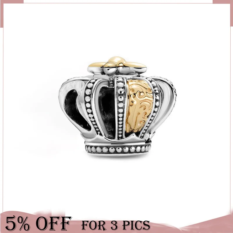 

2021 Spring New 925 Sterling Silver Bead 14k Gold Two-tone Regal Crown Charm Fit Original Pandora Bracelets Women Jewelry Gift