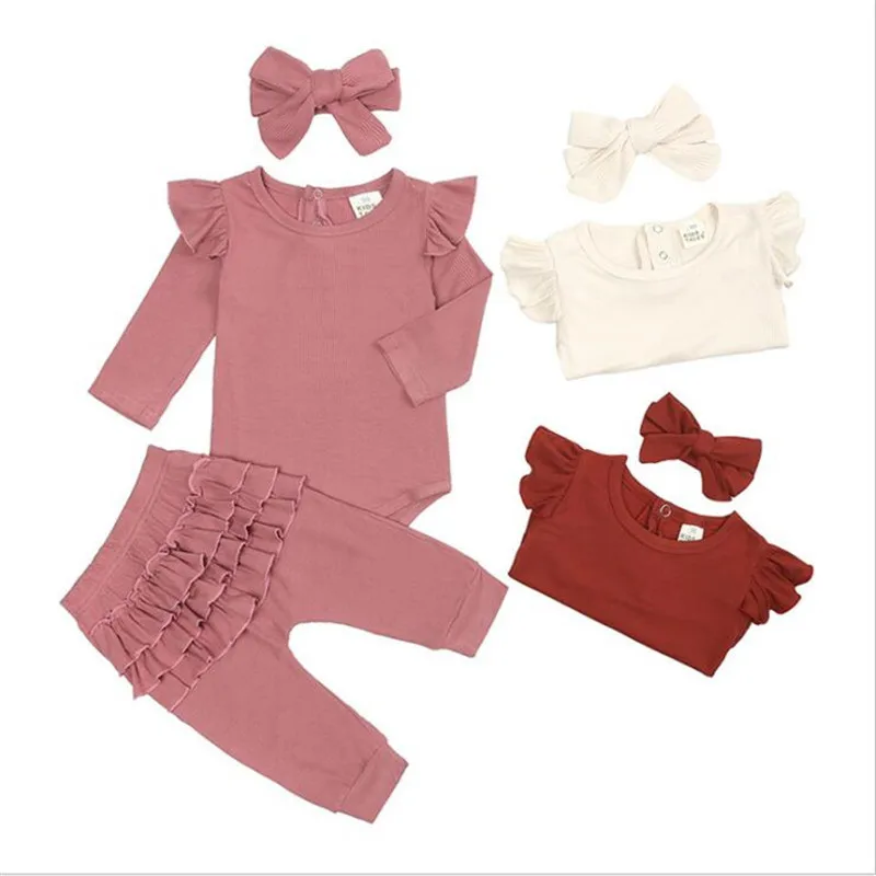 

Baby Girls Suit for Children's Clothes Set Newborn Kids Solid Color Fine Pit Strip Flying Sleeve Romper Pleate Trousers Headband