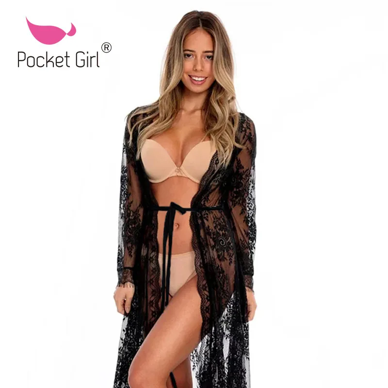 Карманная длинная кружевная пикантная Пляжная накидка для девушек 2020 Пляжное