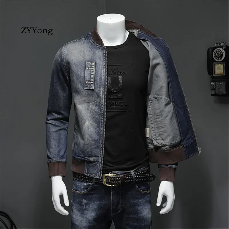 Куртка бомбер мужская джинсовая с воротником стойкой приталенный синий пилот из