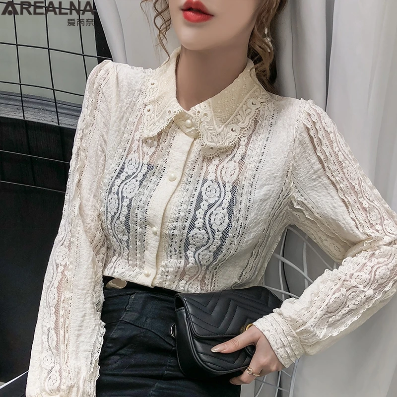

blusas mujer de moda 2020 fall Korean office fashion long sleeve blouse women lace sexy Hollow out peter pan collar black shirts