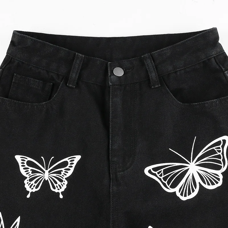 

High Waist Jeans Woman Nice Pop Butterfly Printing Wide Leg Female Pants Straight Loose Black Jeans Pants Fashion Cotton Trouser