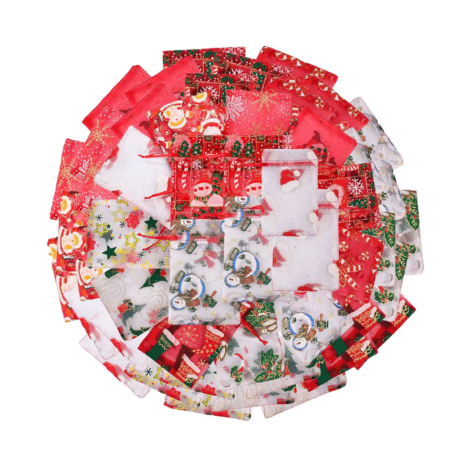 

50pcs Christmas Organza Favor Bags Xmas Snowman Santa Claus Drawstring Pouches Candy Gift Bags Festive Party Supplies