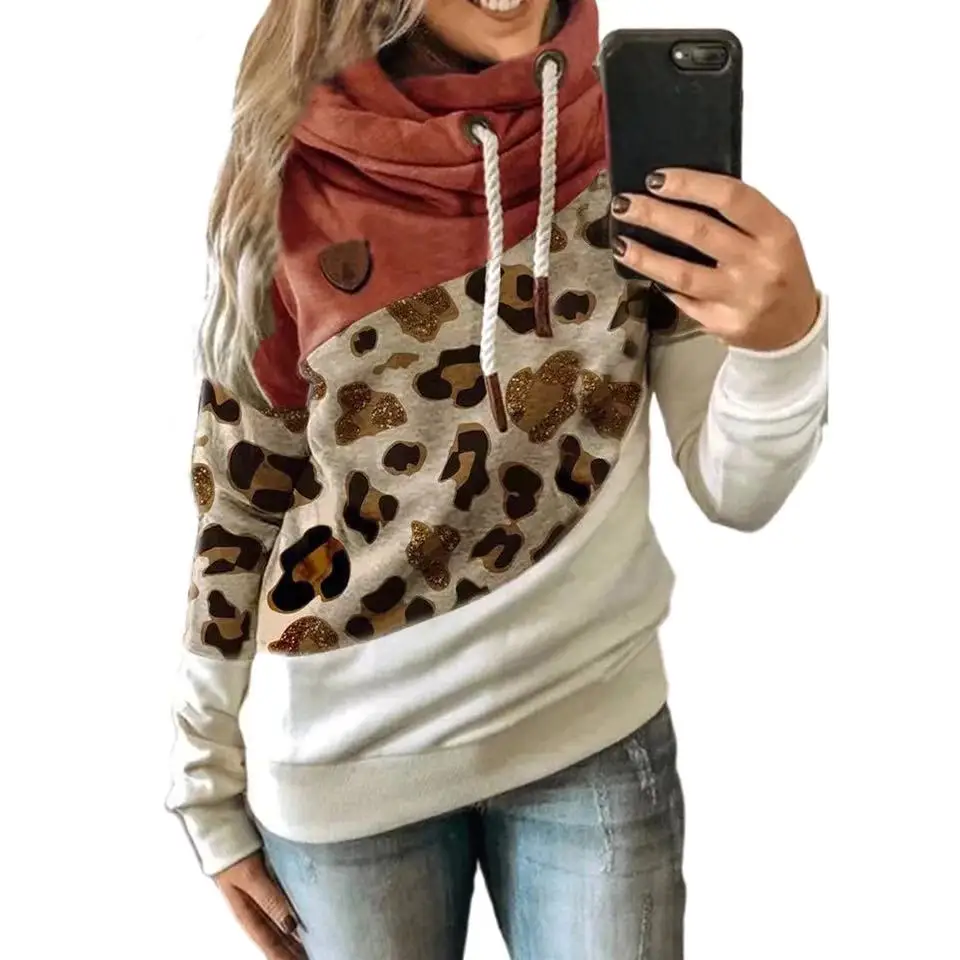 

2021 Fashion Oversized Sweatshirts Leopard Patchwork Winter Fleece Pullover Hoodie Women Long Sleeve Hooded Casual Clothes Coats