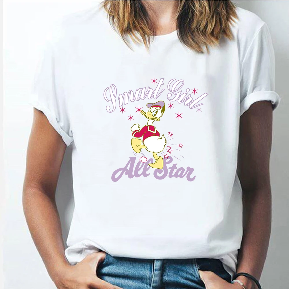 

Disney Pink Donald Duck Short-sleeved Oversized T-shirt Couples Printing Cartoon Cute O-neck Korean Version Loose New Women Tops