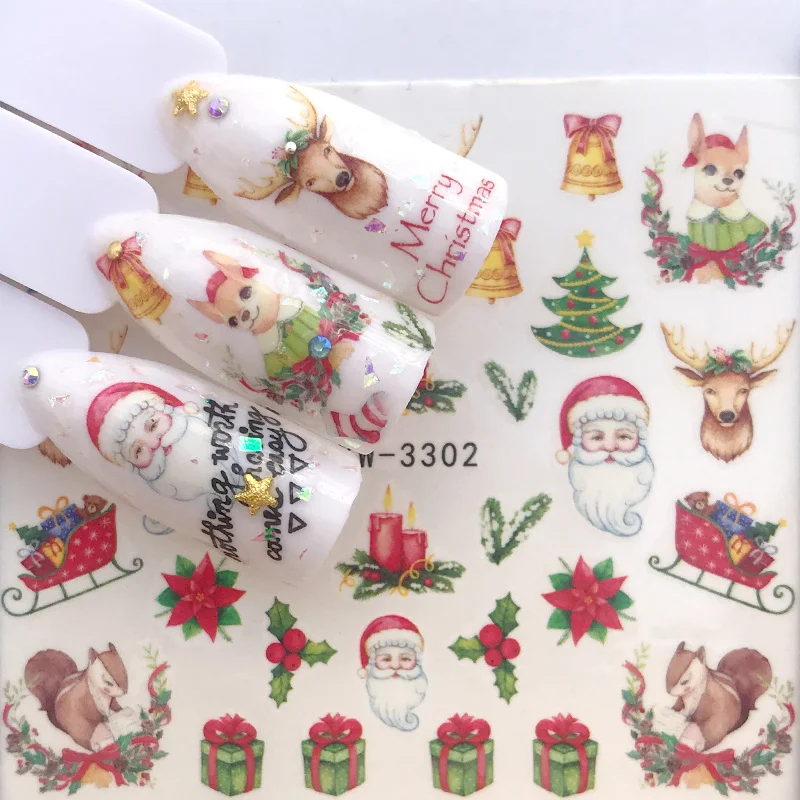 

1pcs Christmas Manicure Nail Stickers Art Water Autumn Slider Maple Palms Santa Claus Decals Nail Accessories 2021 New Year Gift