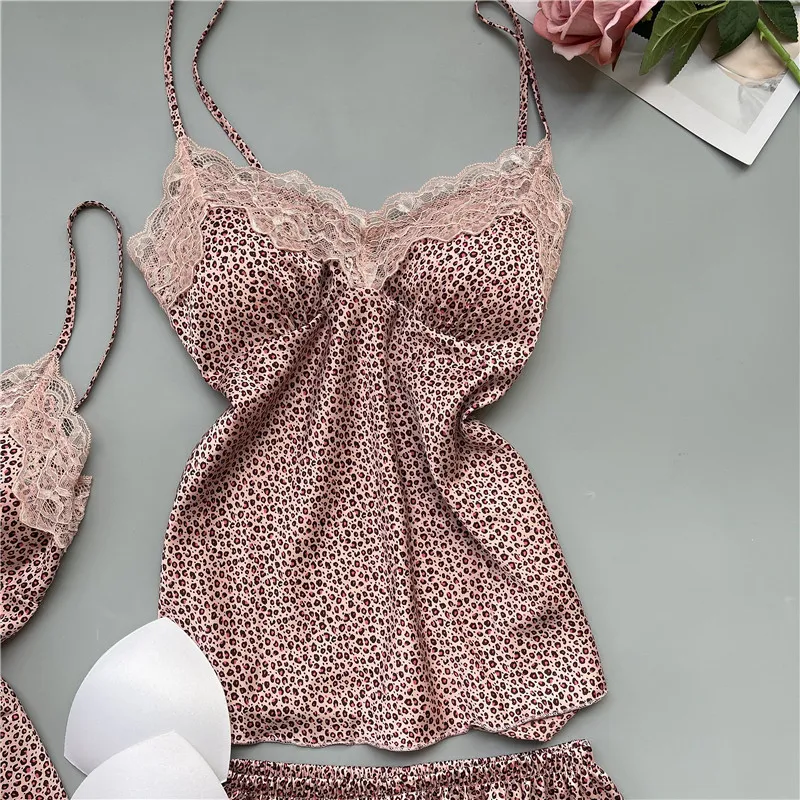 

Spring Womens Leopard Printed 4Pcs Silk Lace Trim Satin Pajamas V-Neck Cami Nighties Pijama Nightwear Nightdress