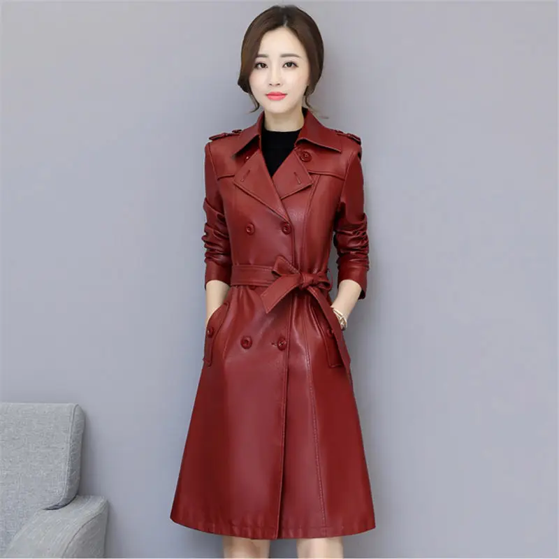 Осенне-зимняя новая кожаная куртка Женская Длинная ветровка большого размера