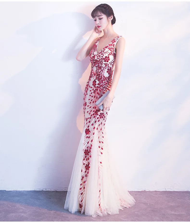 

Classic Bridesmaid Cheongsam dress Full Length Wedding Dress Lace Flower Slim Gowns Champagne Qipao Evening Dressing Gown