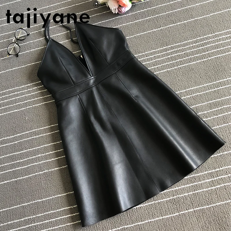 

2021 Mini Black Dresses for Women Real Sheepskin Women's Summer Sundress Genuine Leather Woman Dress Vestidos TN2874
