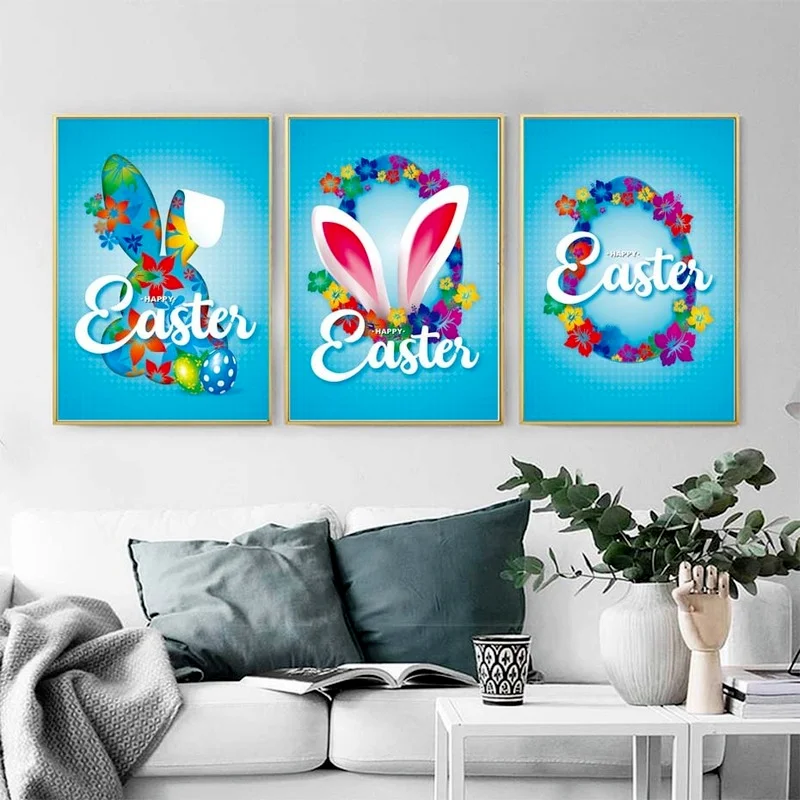 

Easter New Modern Home Decoration Flowers Rabbit Egg Cartoon Living Room Children's Room Frameless Printing Hanging Painting