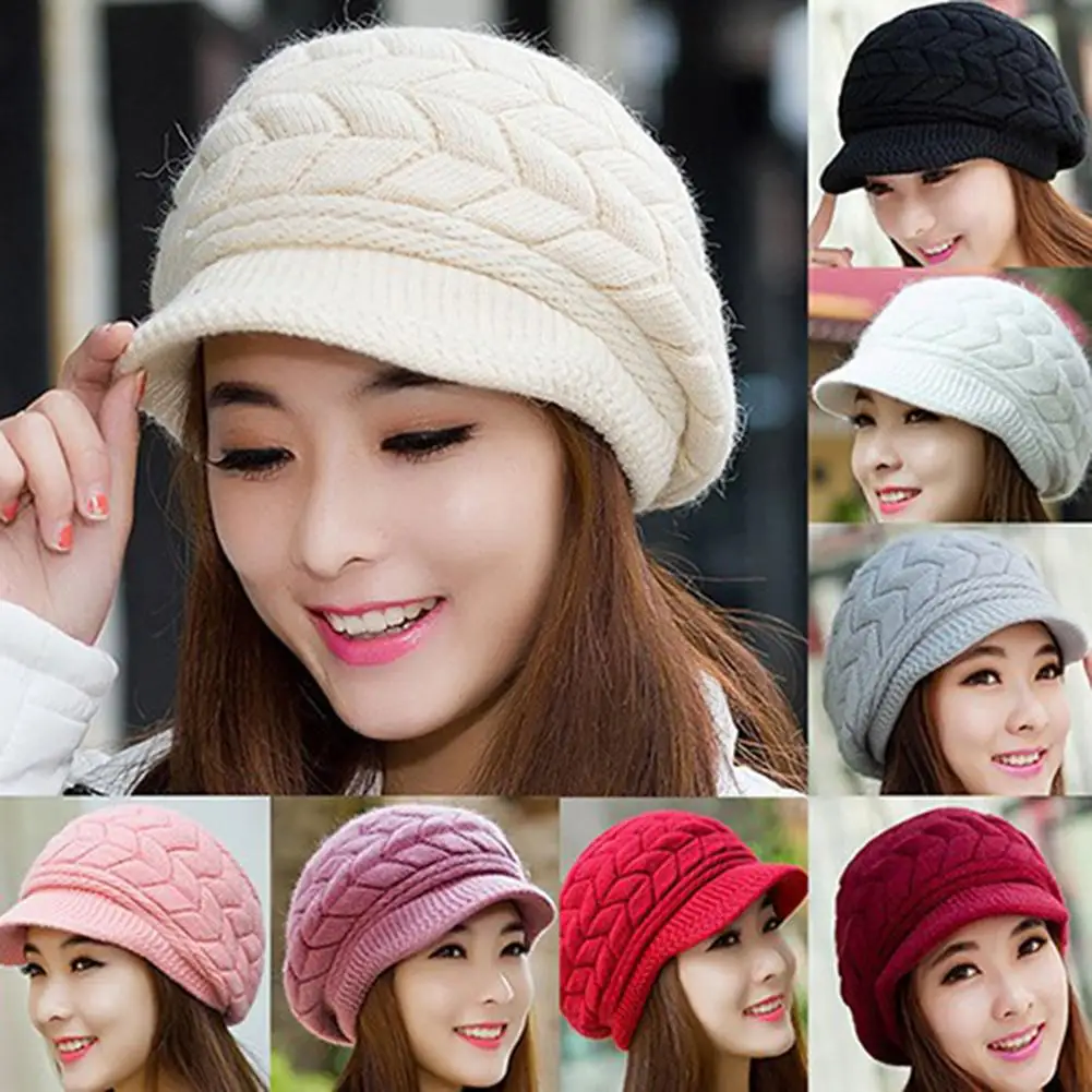 

Caps Fashion Women Solid Color Thicken Woolen Yarn Knitted Hat Outdoor Peaked Cap
