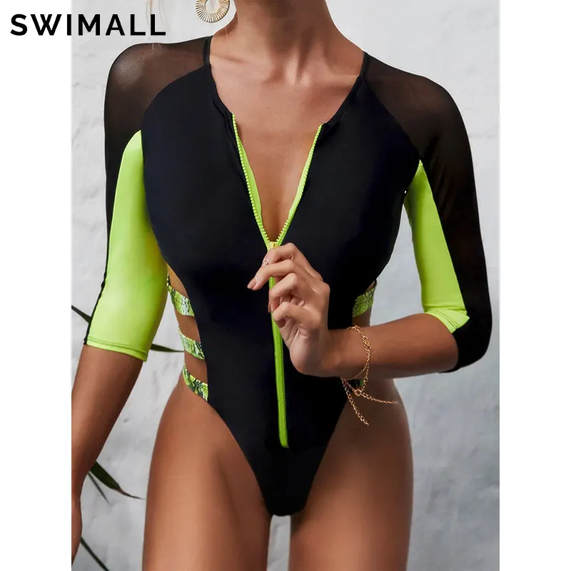 

Сексуальный женский купальник 2021, слитный купальник в стиле пэчворк, Женское боди на молнии, купальный костюм с высоким вырезом, пляжная оде...