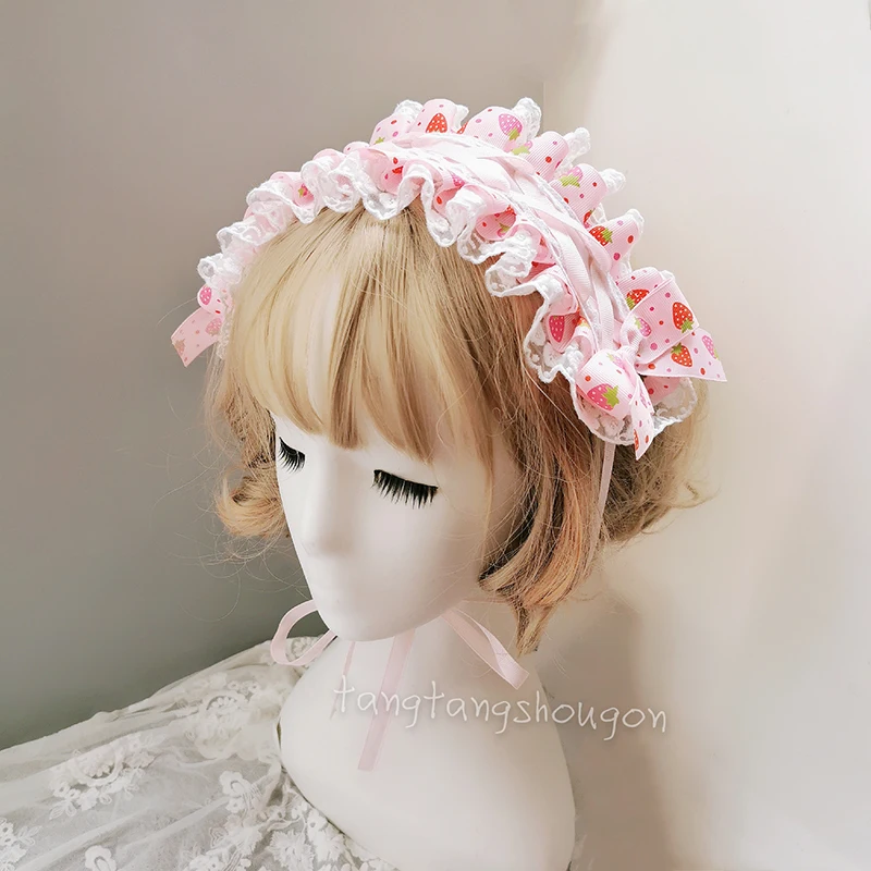 

Handmade Lolita Hair band Sweet Lolita Cute Pink Strawberry Hair Ornament Lovely Maid Versatile Lo Niang Hairpin Headdress