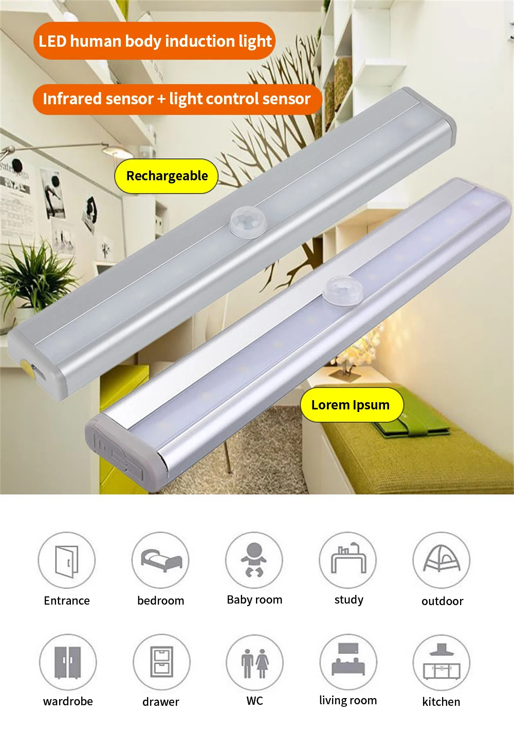 10 светодиодный Ночной светильник движения Сенсор USB аккумуляторная Ночная лампа