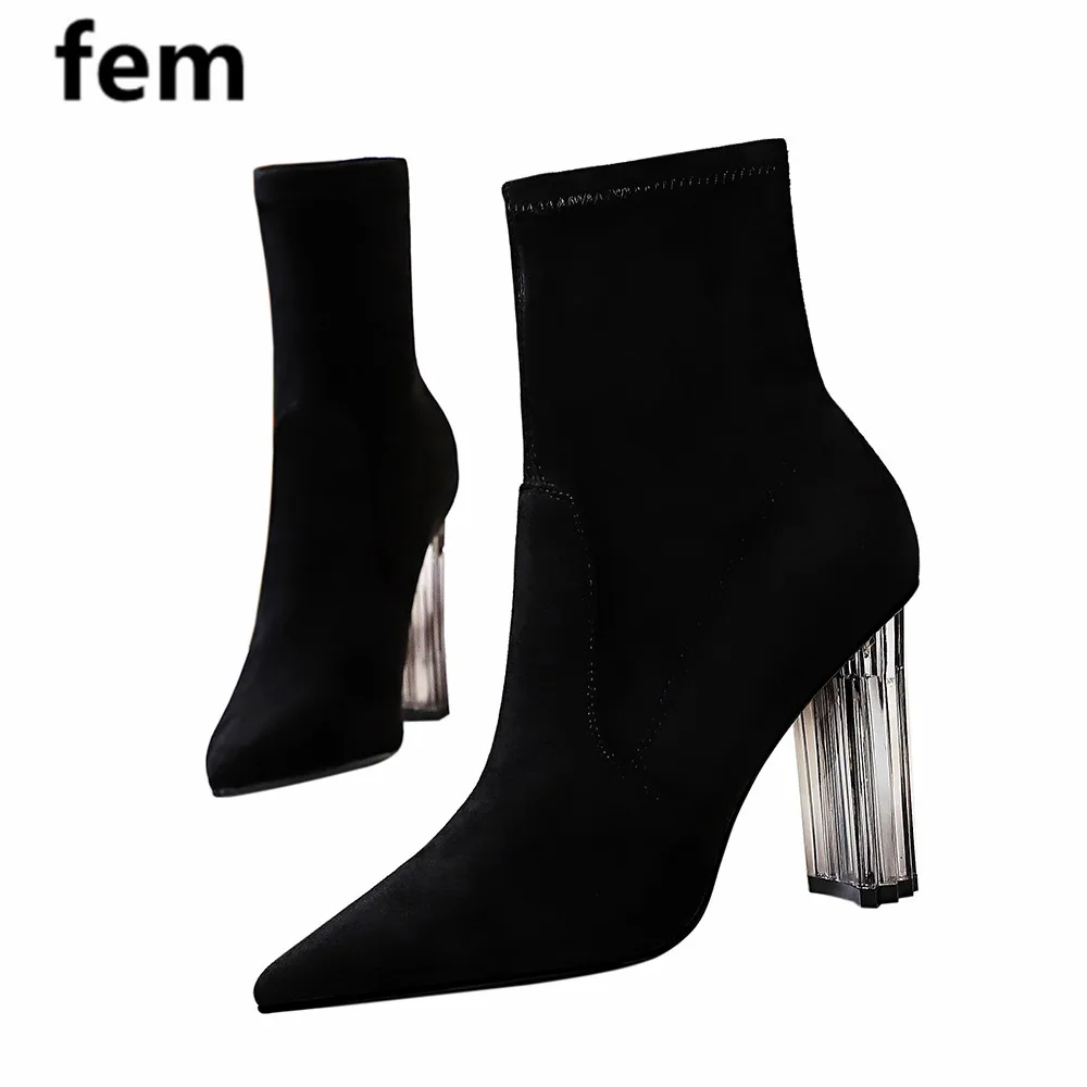 

FEMBotas De Mujer; Черные сапоги до середины икры; Женская модная обувь на высоком каблуке; Сапоги на массивном каблуке; Женские сапоги с острым носк...