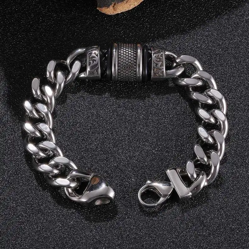 

Punk 12mm Wide Stainless Steel Curb Cuban Link Chain Bracelet for Men Braided Leather Wristband Hand Jewelry Male Gifts GS0131