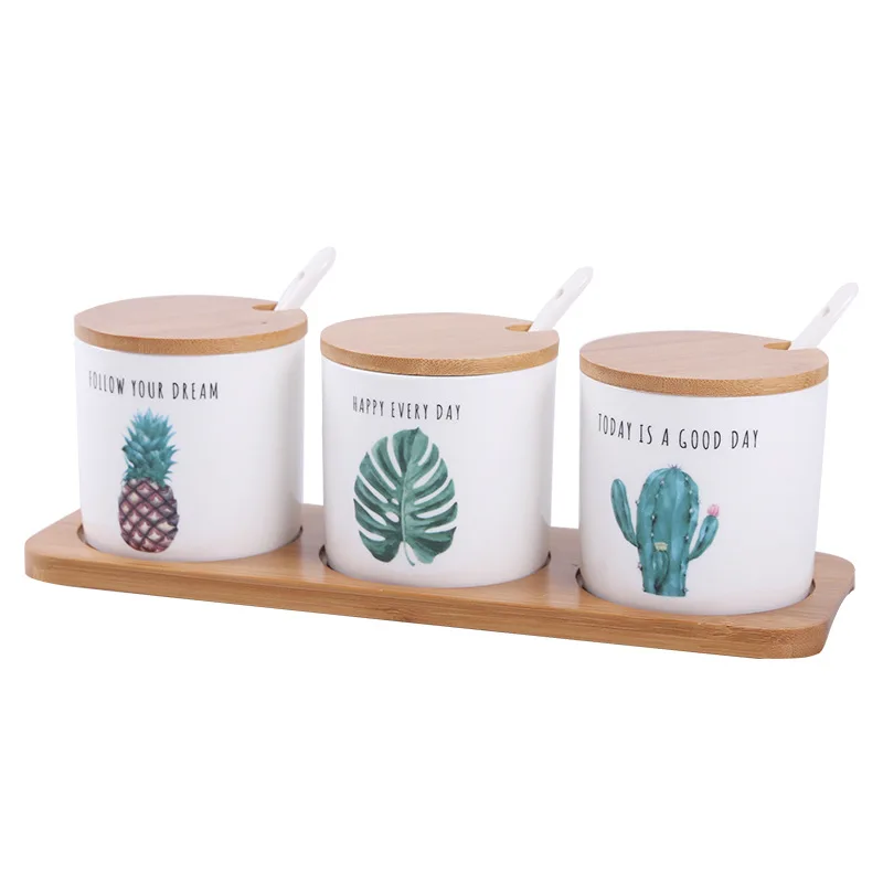 

Set of 3 Ceramic Spice Jar Salt Pepper Storage Box Container Can Tray Spoon Rack Kitchen Accessories Tools Gadget Organizer