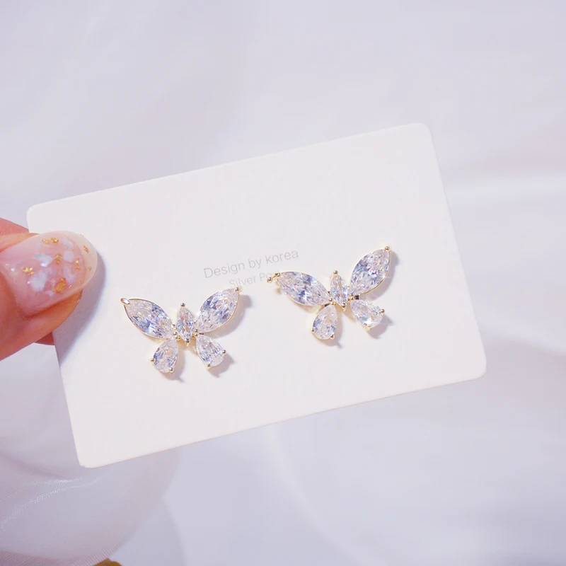 

Vintage Exquisite 14k Real Gold Jewelry Butterfly Fairy Earstud and Necklace for Women Luxury AAA Zircon S925 Silver Needle Gift