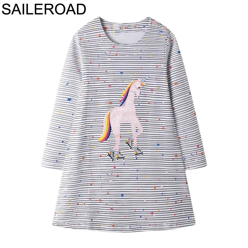 7109 same picture SAILEROAD Платье динозавра Девушка Одежда Животные Аппликации Хлопок Платья для девочек для детской одежды Платье с принтом с длинным рукавом Единорог - Цвет: 7109 same picture
