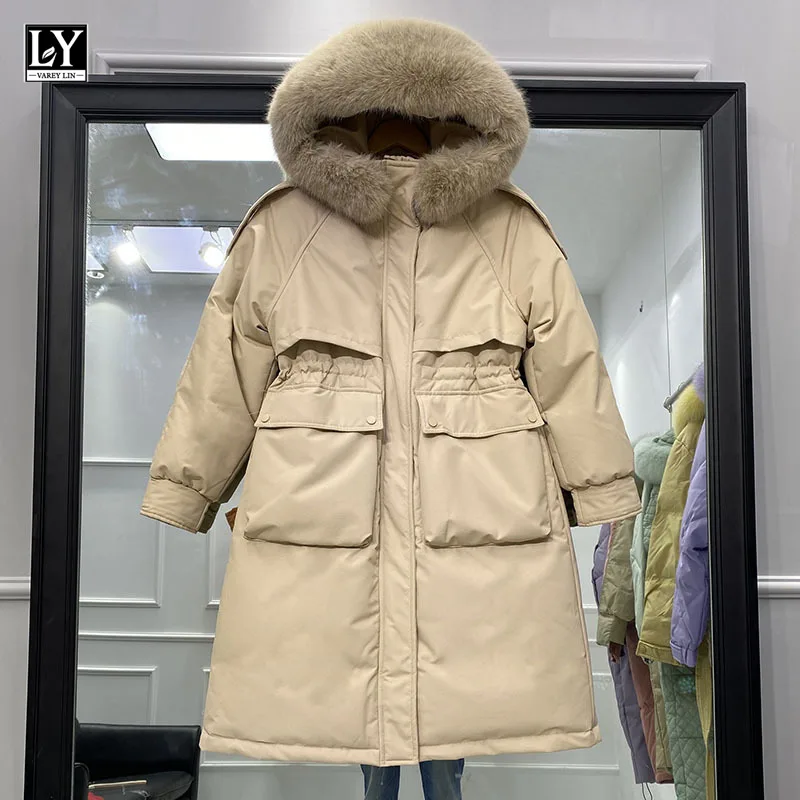 

LY VAREY LIN Winter Women 90% White Duck Down Long Coat Thickness Warm Overcoats Jacket Large Natural Fur Collar Hooded Parkas