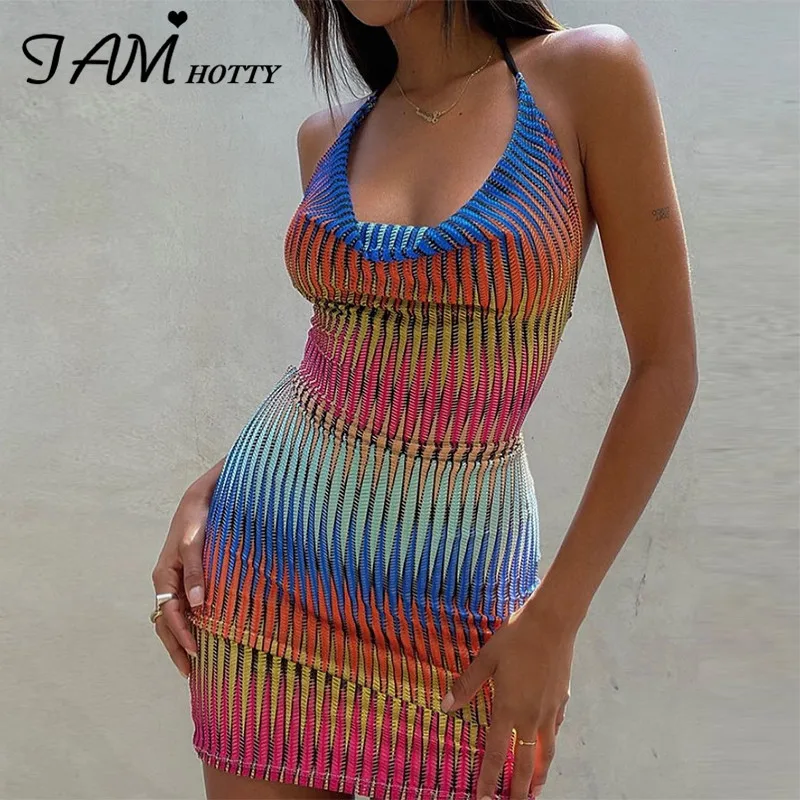 

Clubwear Printed Sheath Wrap Dress Women Sexy Backless Criss-Cross Bandage Mini Halter Dresses Aesthetic Beach Party Iamhotty