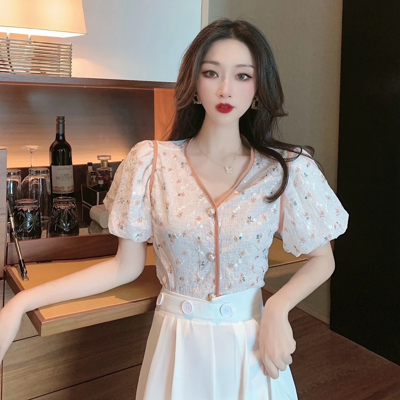 

2021 Brand Floral Print Blouse Tops Women V Neck Puff Sleeve Casual Blouses For Women