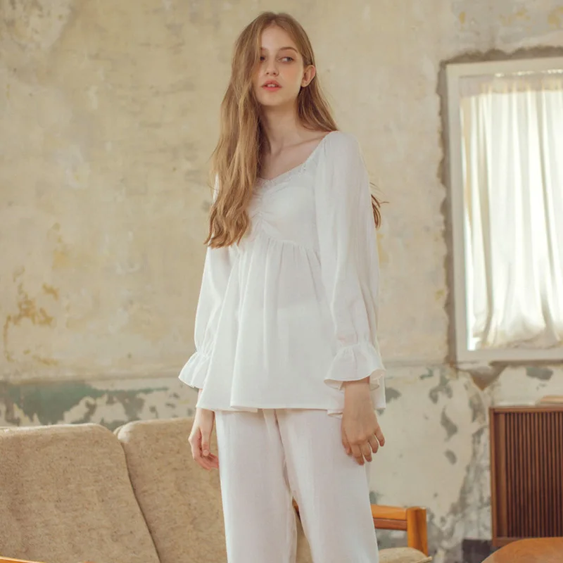 IZICFLY весна осень новый стиль белые пижамы наборы с длинным рукавом Брюки Ночная