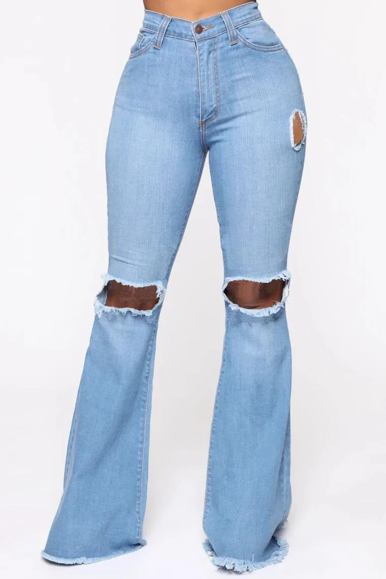 Sexy Ripped Knee Holes Jeans For Women High Waist Jeans Vintage Flare Jean Bell Bottom Denim Pants Skinny Trousers Plus Size New